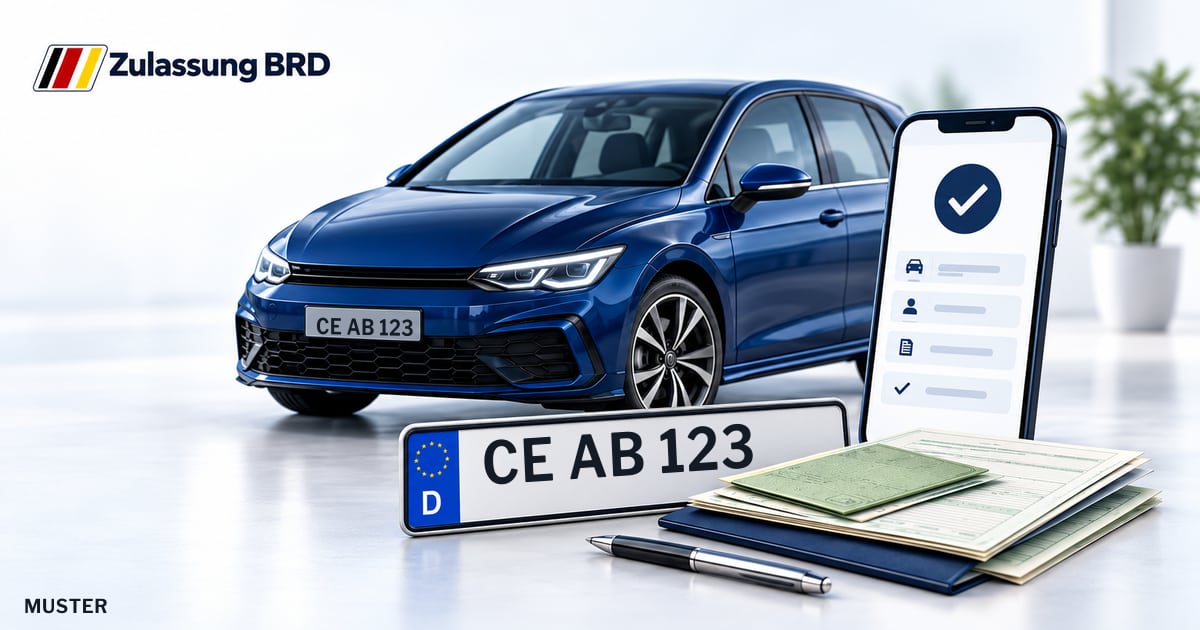 Online Fahrzeugzulassung in Südheide: Musterkennzeichen CE AB 123, Auto und Fahrzeugpapiere und Smartphone. Illustration mit Logo von Zulassung BRD.